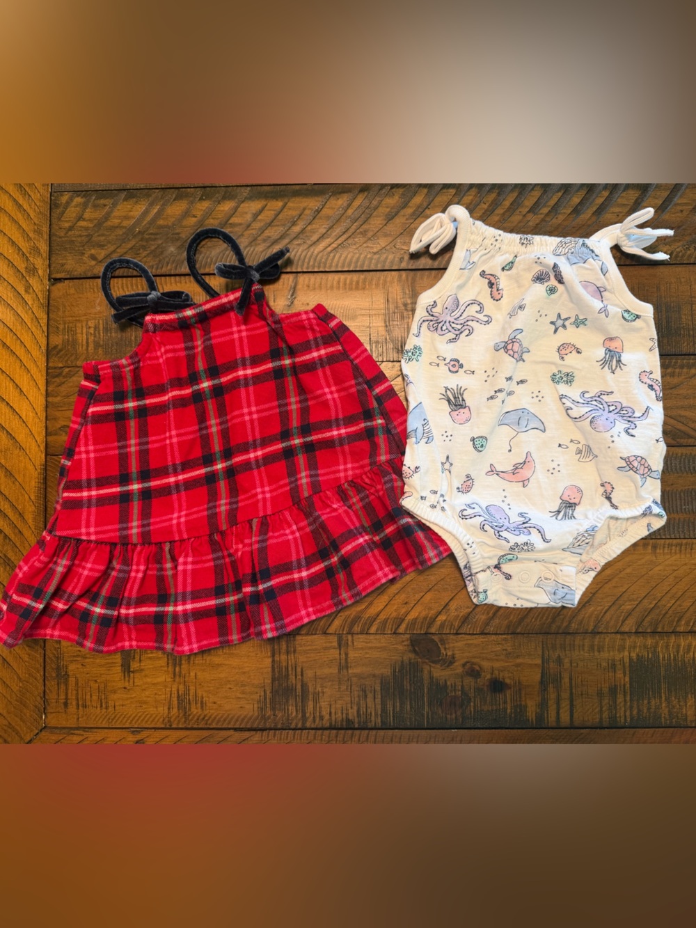 Old Navy Red Plaid Tie-Shoulder Top & Cream Sea-Creature Romper Set